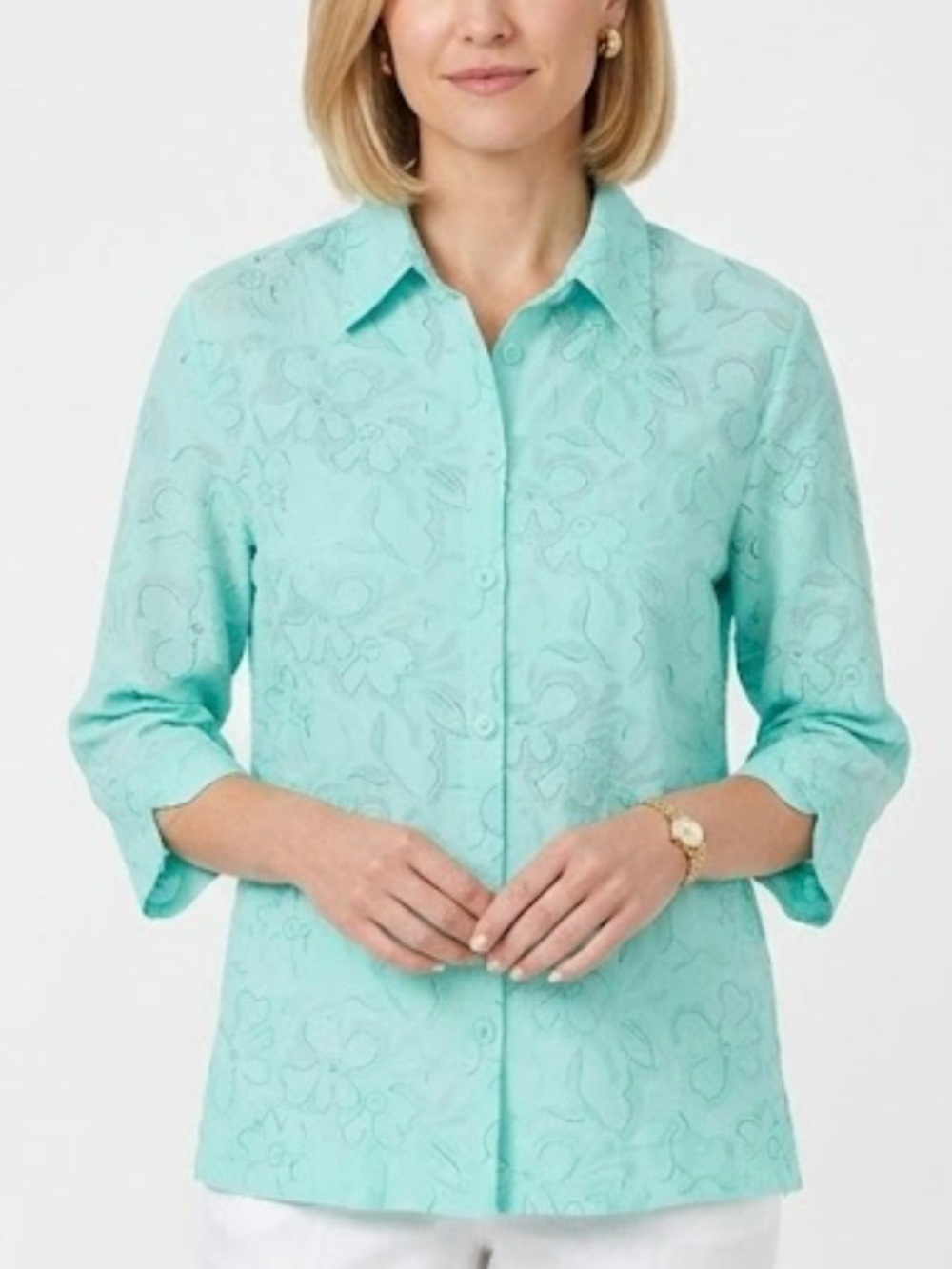 Sag Harbor Button Down Blouse Teal Size XL Upscale Preppy Elegant 3/4 Sleeves